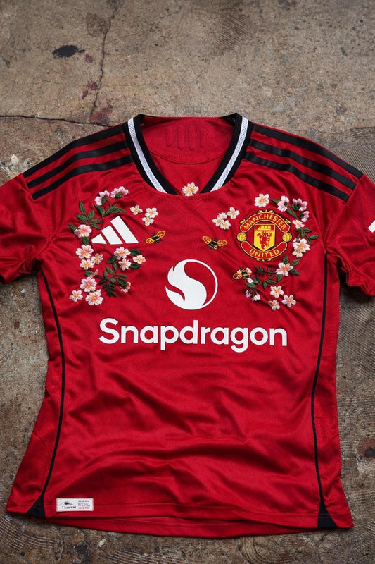 Manchester United home Football Jersey – Hand Stitched Custom Floral Embroidery