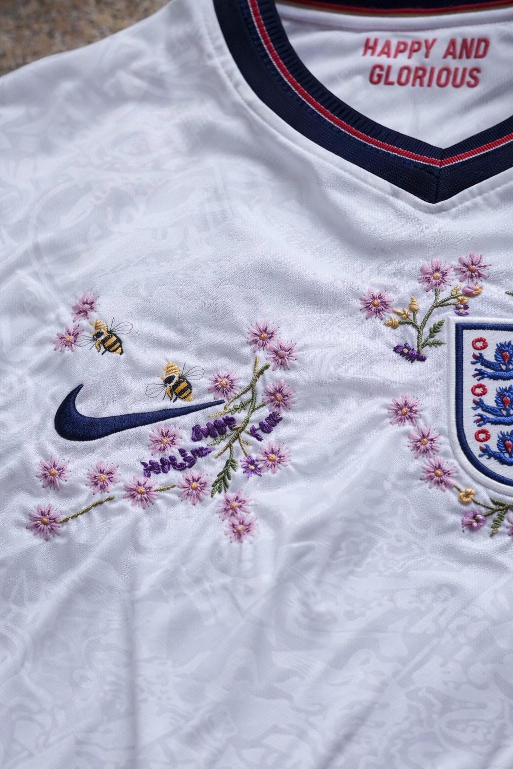 England Home Football Jersey – Hand Stitched Custom English Wildflower Meadow Bees Embroidery