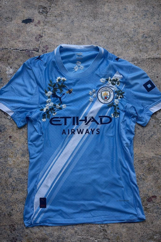 Manchester City home Football Jersey – Hand Stitched Custom Floral bee Embroidery