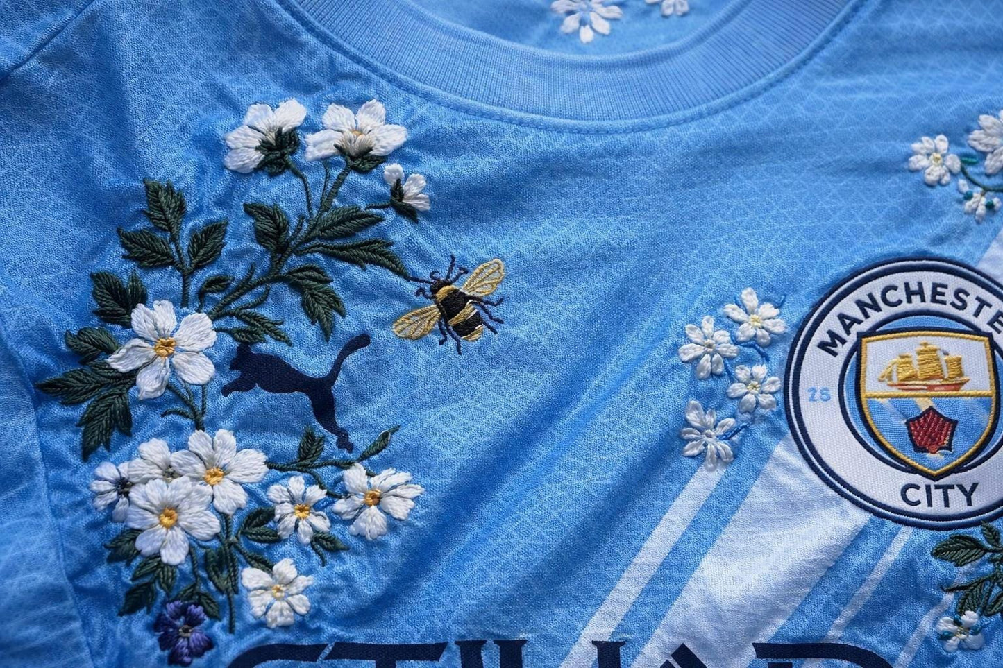 Manchester City home Football Jersey – Hand Stitched Custom Floral bee Embroidery