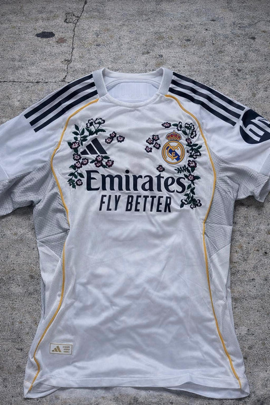 Real Madrid Home Football Jersey – Hand Stitched Custom Cherry Blossom  Embroidery