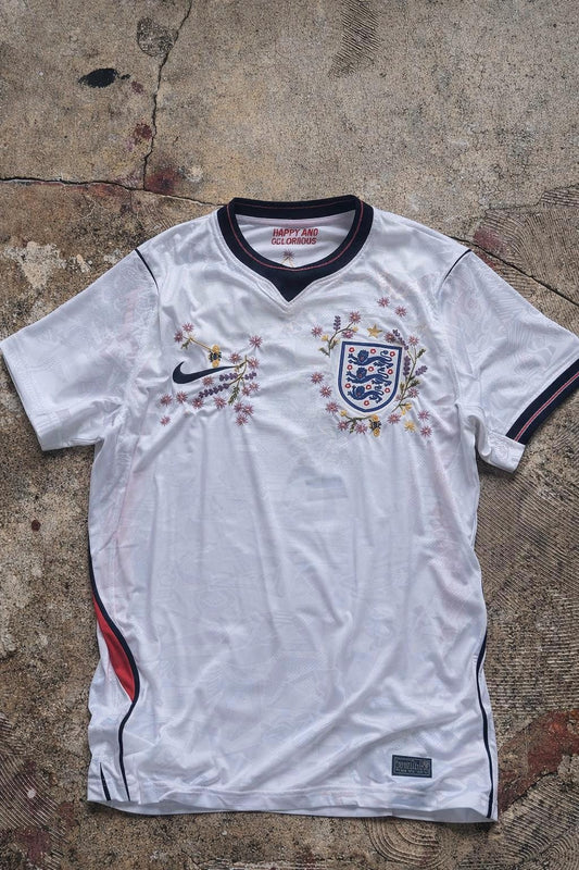 England Home Football Jersey – Hand Stitched Custom English Wildflower Meadow Bees Embroidery